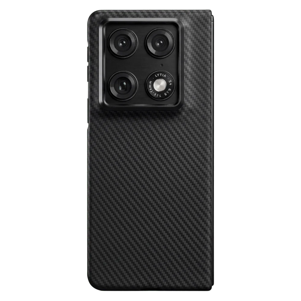 Motorola Razr Fold Case, black twill aramid carbon fiber textured slim hard case, precise camera cutout, matte fingerprint-resistant foldable phone cover, white product background