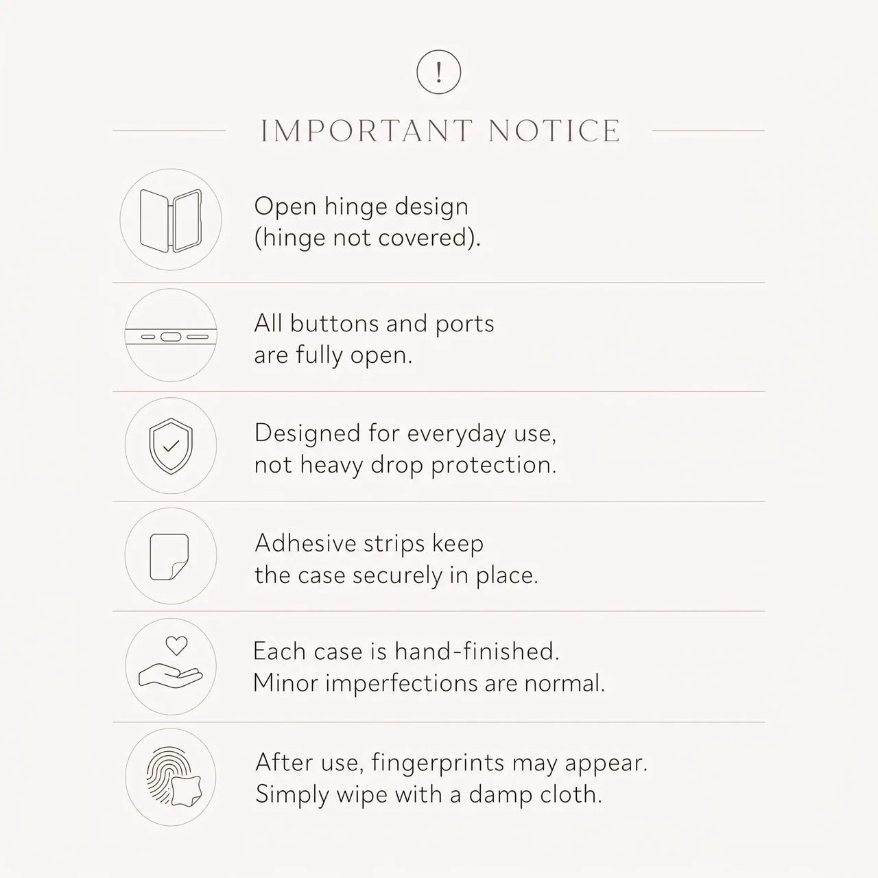 Important notice infographic for Motorola Razr Fold Case, open hinge design, port cutouts, daily protection, adhesive strips, hand-finished details and fingerprint care guidelines