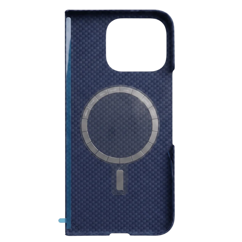 Inner view of Pixel 11 Pro Fold Case, blue carbon texture back shell with integrated MagSafe ring, two-piece foldable phone case