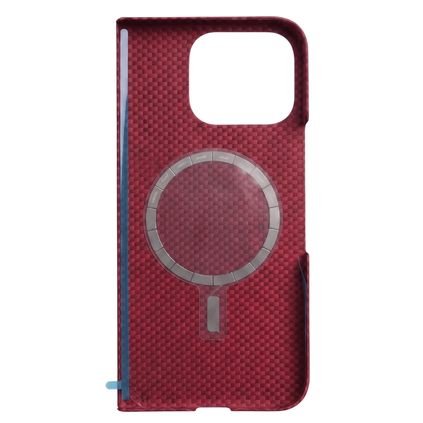 Inner view of Pixel 11 Pro Fold Case, crimson carbon texture back shell with integrated MagSafe ring, two-piece foldable phone case
