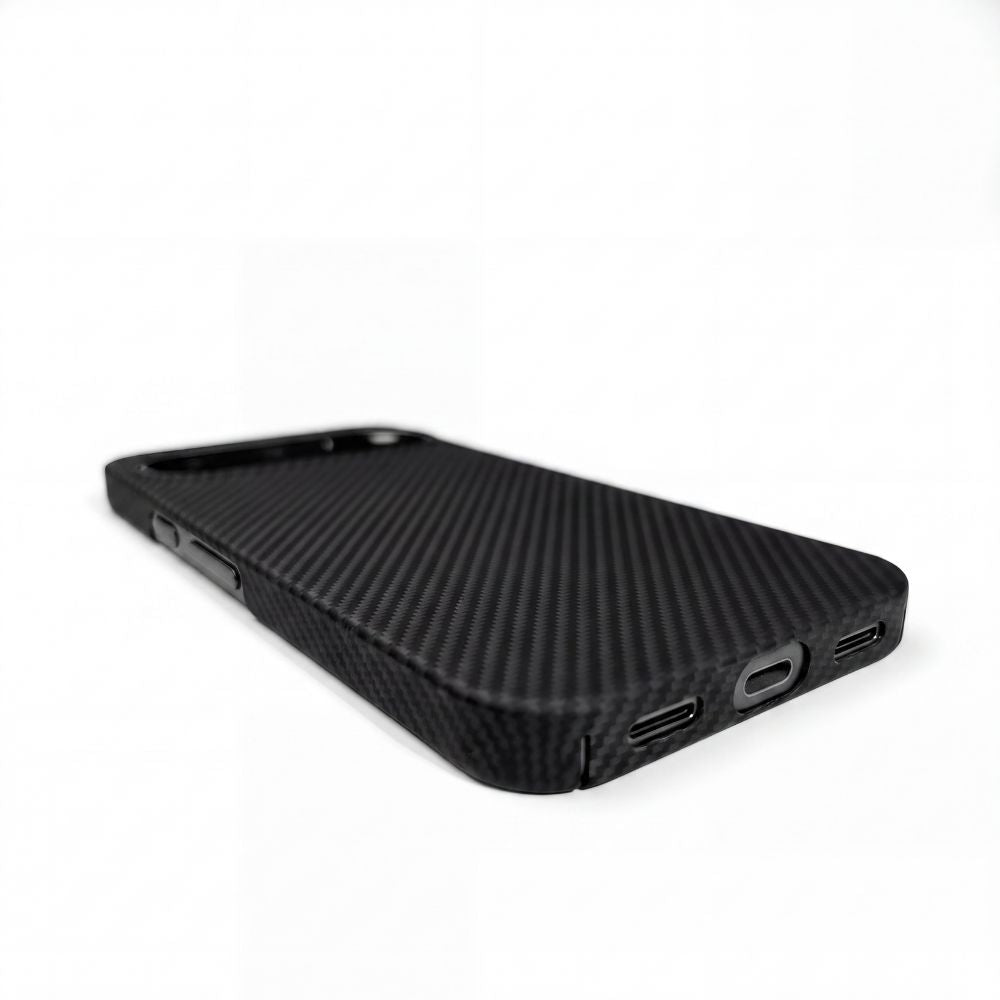 Google Pixel 11 aramid fiber phone case, bottom port cutout close‑up, carbon fiber texture