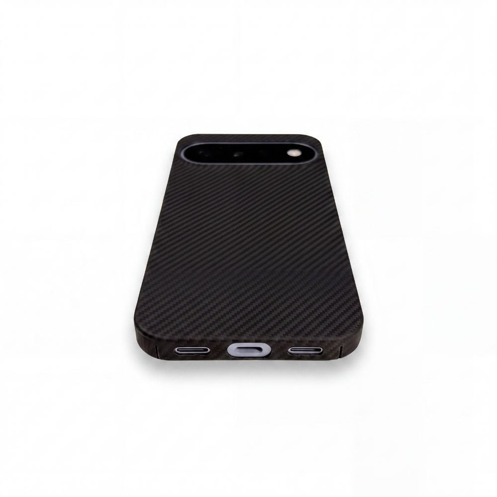Black slim aramid fiber Pixel 11 case, bottom USB‑C port cutout front‑back perspective