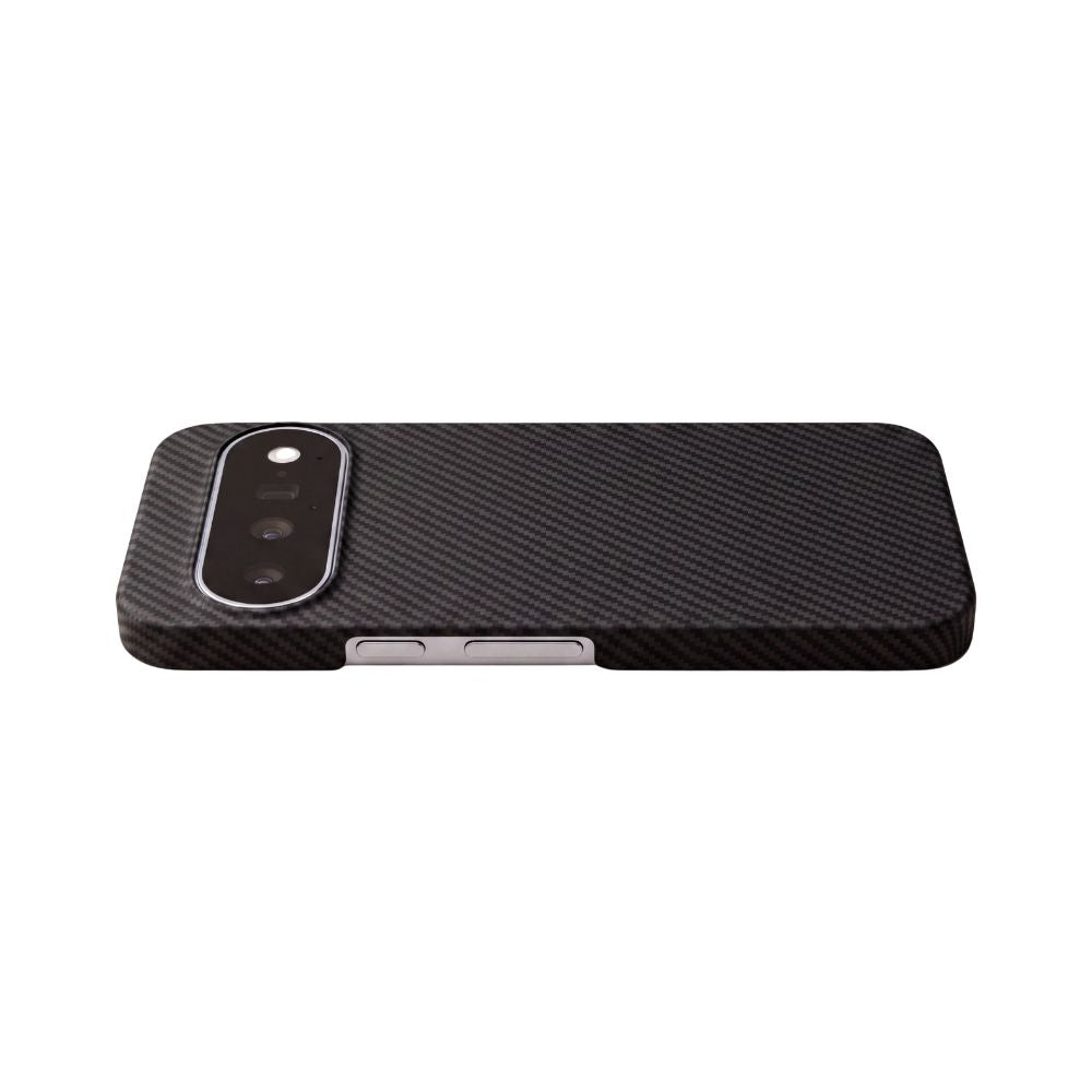 Slim black aramid fiber case fitted on Google Pixel 11, back side camera cutout view