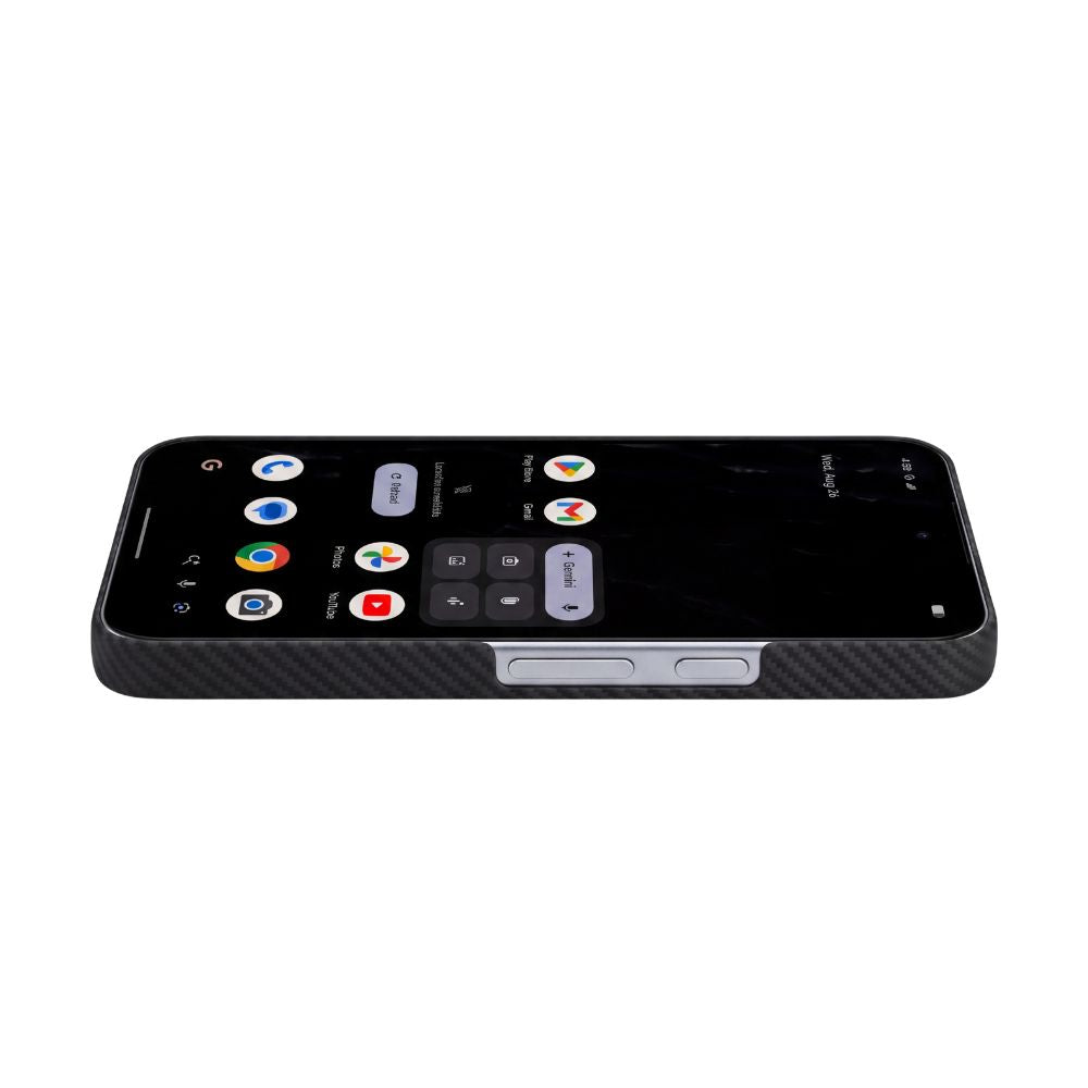 Black aramid fiber slim case for Google Pixel 11, side profile view on phone