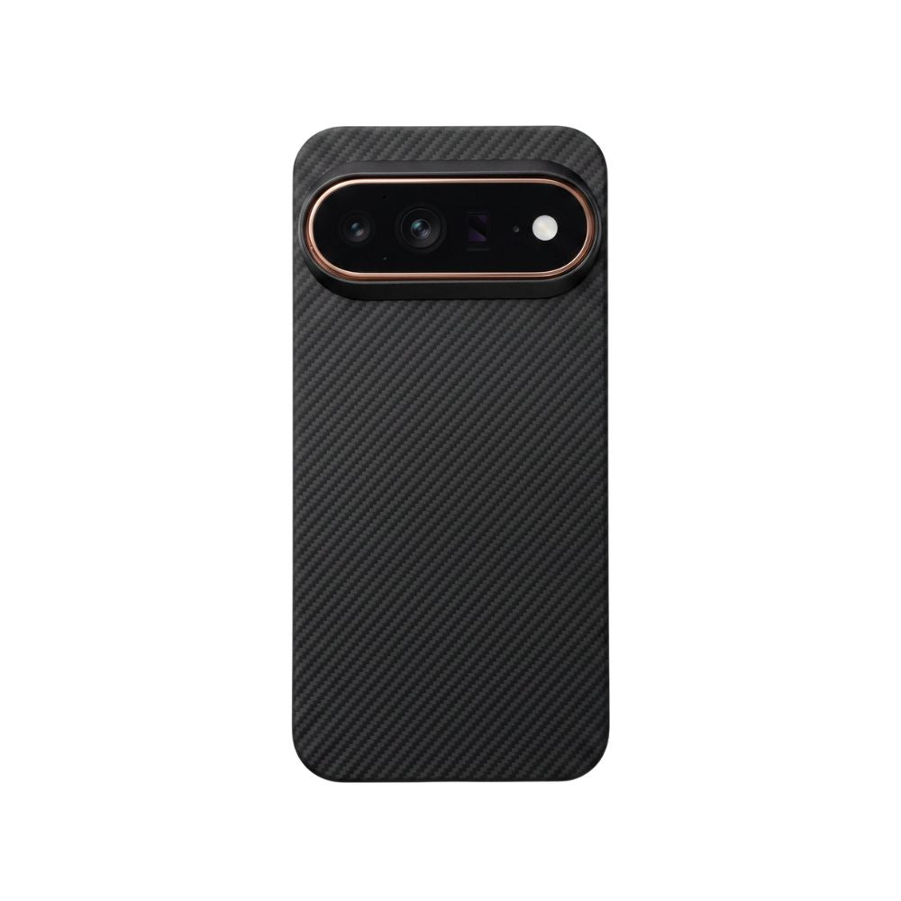 Black carbon‑fiber aramid Pixel 11 Pro case back view, precise raised camera cutout, minimal slim protective case