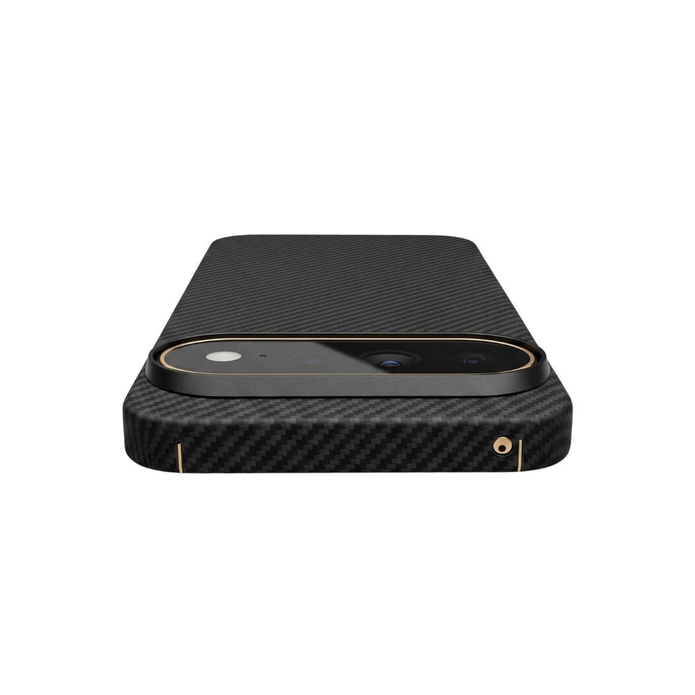Close‑up on raised camera cutout ring of Pixel 11 Pro aramid fiber case, woven carbon‑fiber texture