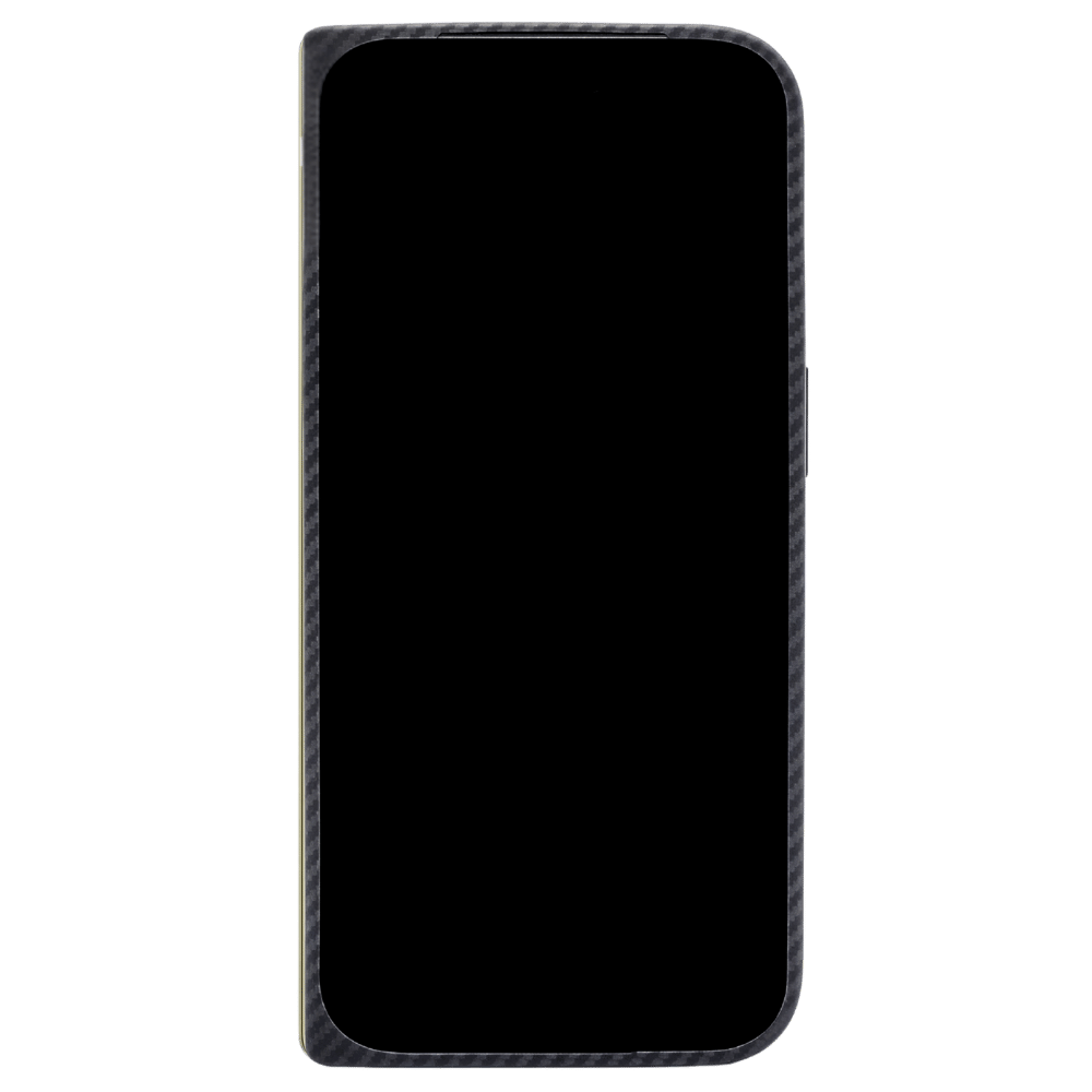 A smartphone pixel 11 pro fold case with a black carbon fiber pattern border and a solid black screen protector, shown on a plain white background.