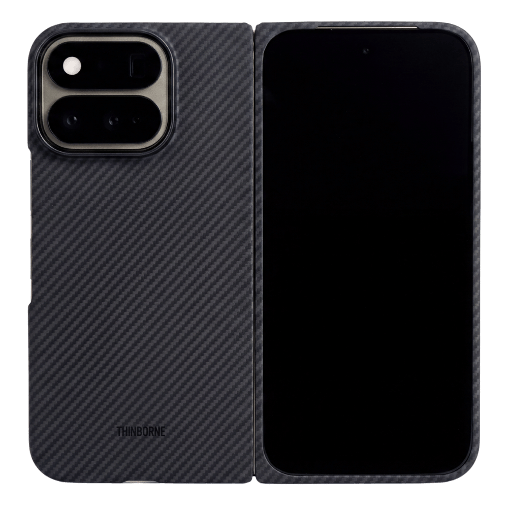 A split-view presentation of a carbon fiber pixel 11 pro fold phone case, showing the textured back on the left and the front cover on the right, designed for a smartphone with a dual-camera system.