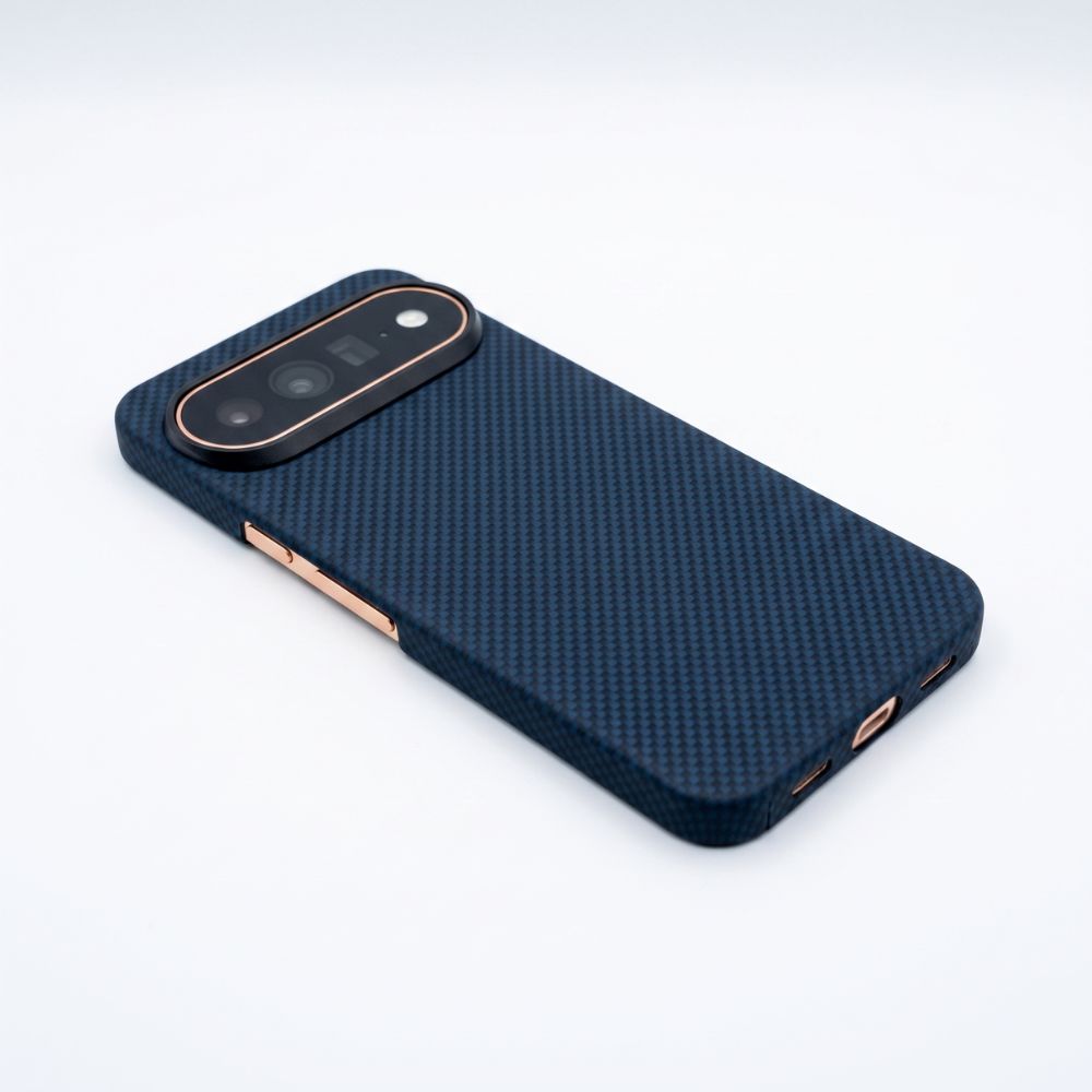 Navy blue aramid fiber Pixel 11 Pro case angled studio shot, carbon‑weave texture, gold metal buttons and precise port cutouts