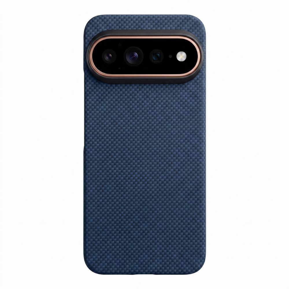 Straight‑on back view of navy aramid fiber Pixel 11 Pro phone case, clean white background main product photo