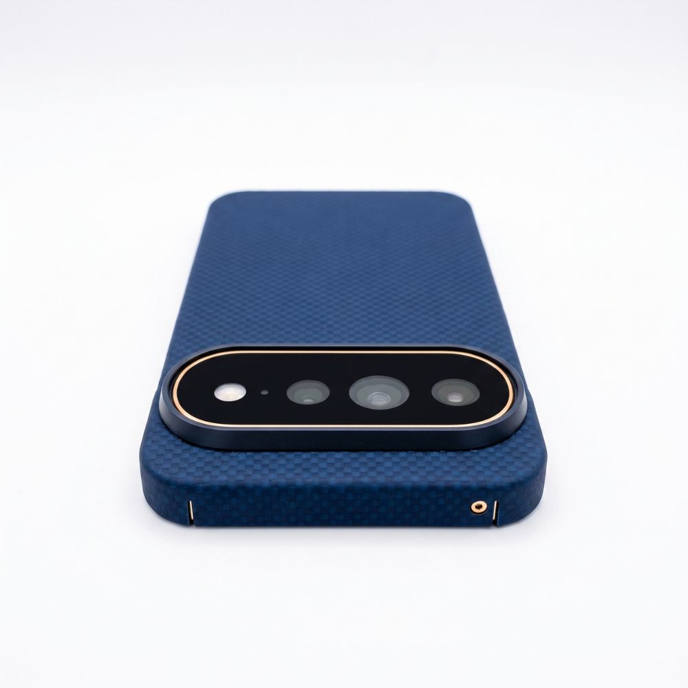 Close‑up of raised camera bezel on navy blue Pixel 11 Pro aramid fiber case, fine carbon‑weave texture detail