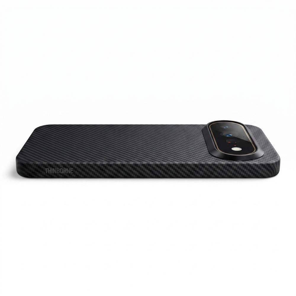 Side view of Pixel 11 Pro slim aramid fiber case with embossed brand logo, fine carbon‑fiber woven texture