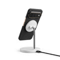 Black aramid fiber Pixel 11 Pro XL case on magnetic charging stand, slim carbon fiber texture protective phone cover