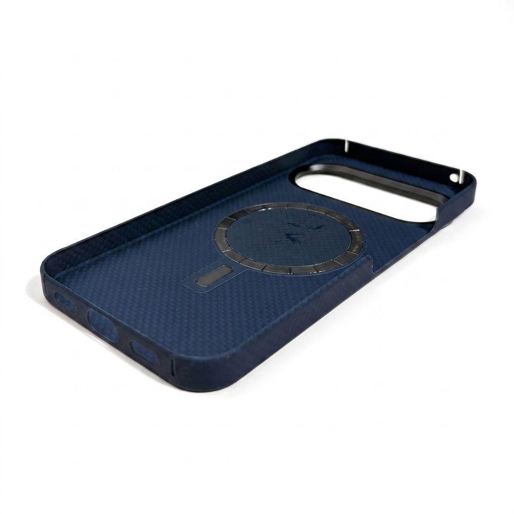 Inner view of navy Pixel 11 Pro XL aramid fiber case, built‑in magnetic ring lining for wireless magnetic accessories