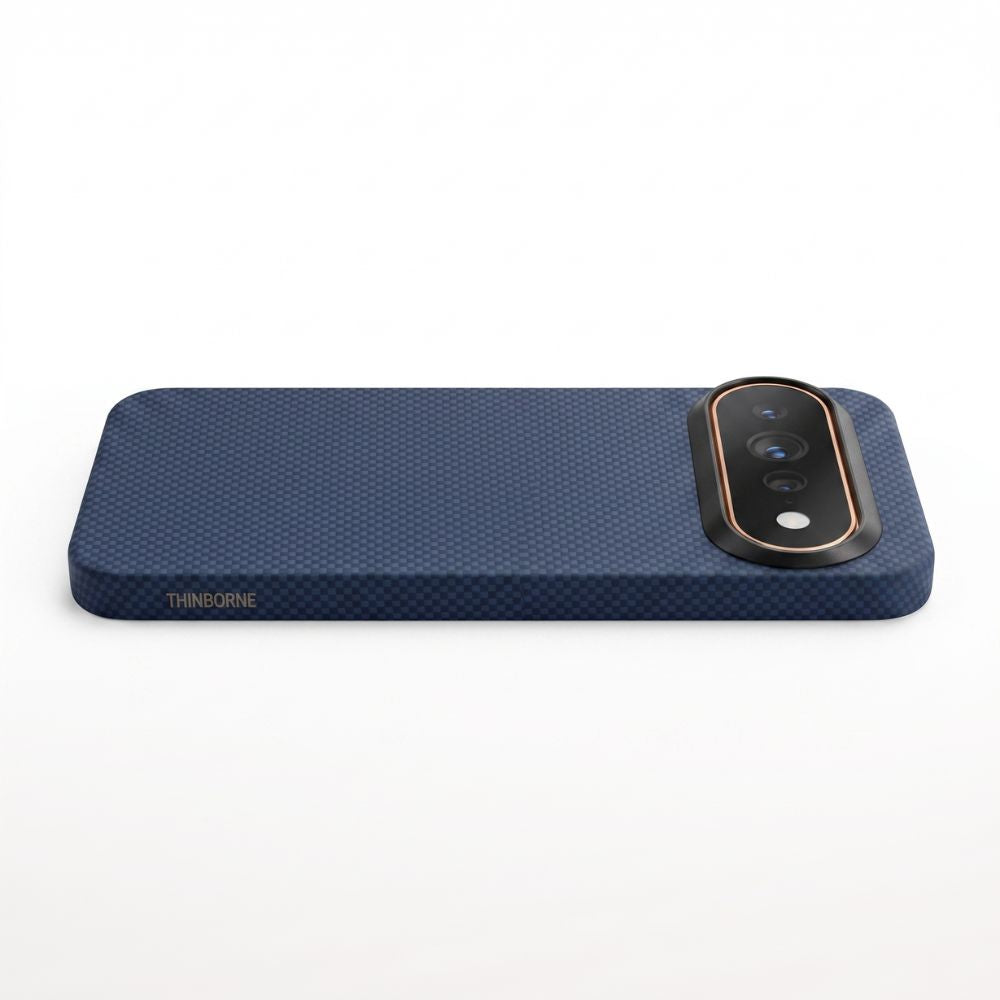 Side horizontal view of navy Pixel 11 Pro XL slim aramid fiber case with embossed brand marking, woven texture