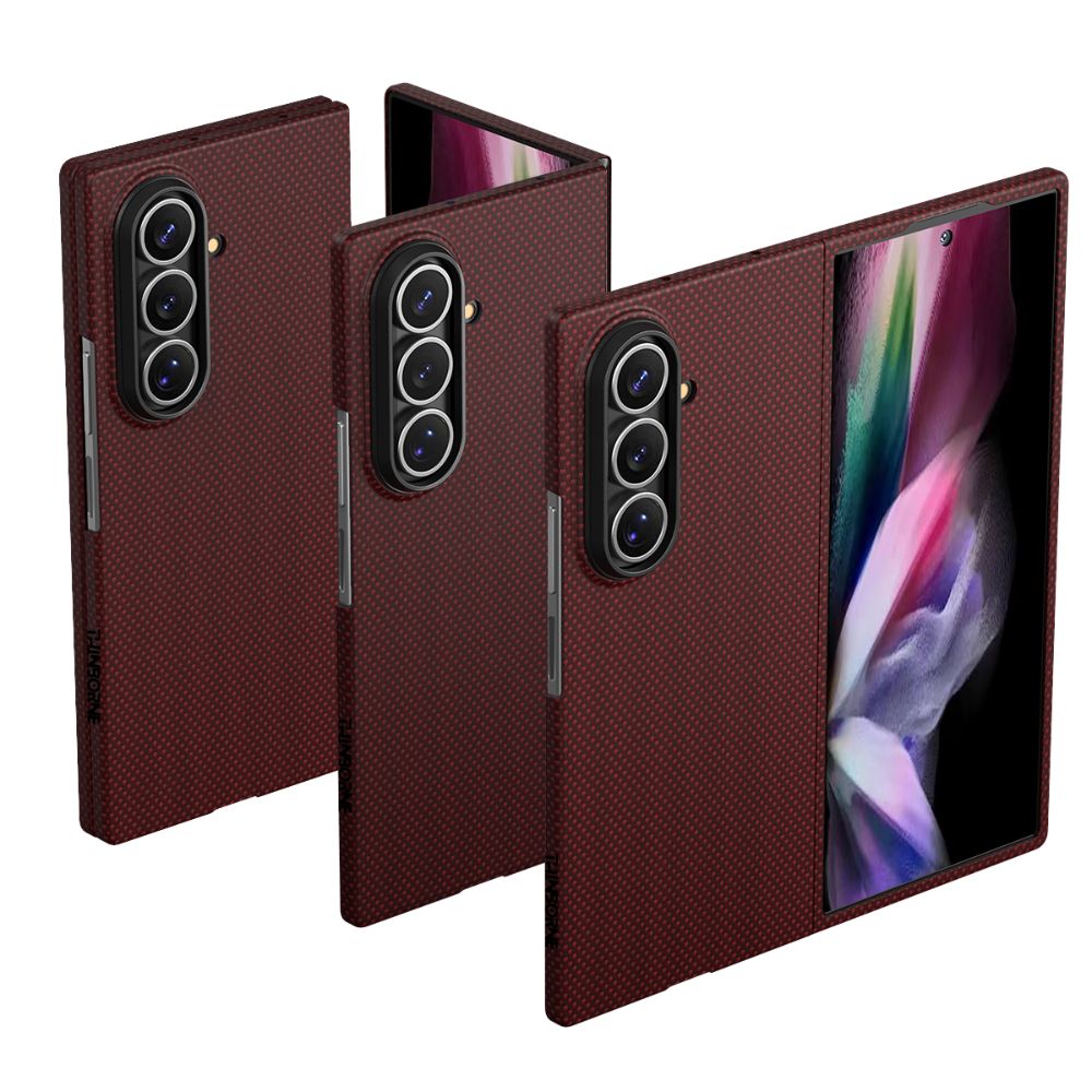 Galaxy Z Fold 7 Ultra red 600D Aramid Fiber Aerospace-Grade case shown in folded, partial open and full open angles