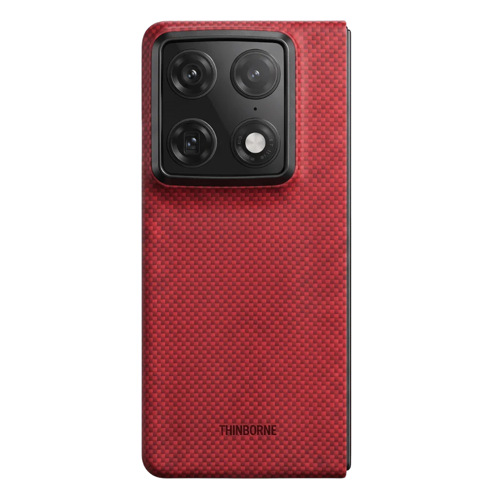 Super Thin Motorola Razr Fold Case, Crimson red woven aramid fiber textured hard shell, precise camera cutout, THINBORNE branding, white background product shot