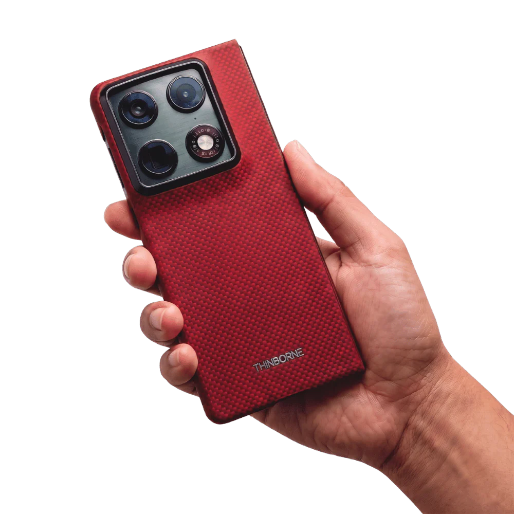 Super Thin Motorola Razr Fold Case in Crimson red weave texture, hand grip closeup, lightweight premium foldable phone cover, white background