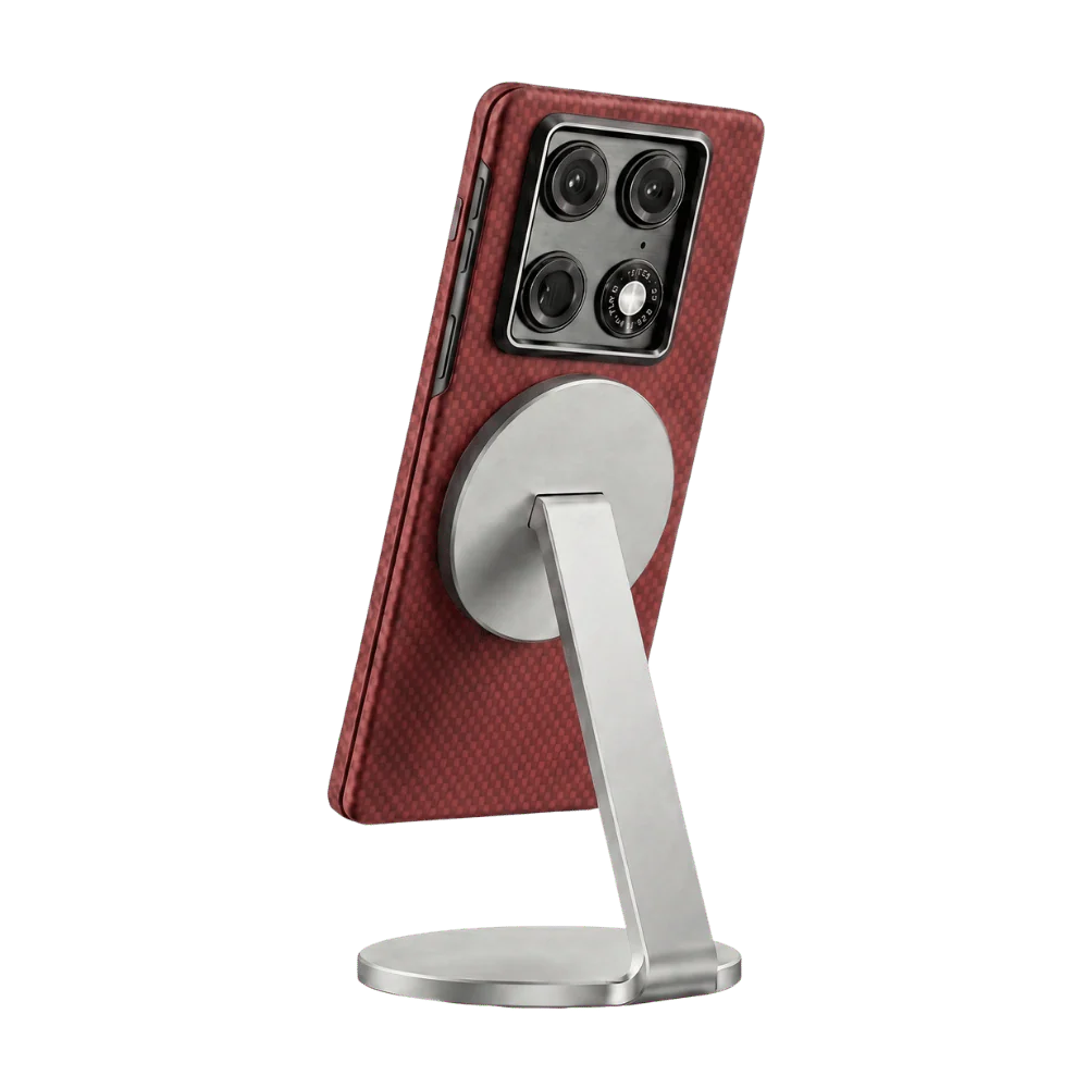 Super Thin Crimson Motorola Razr Fold Case displayed on metal magnetic stand, side profile view, woven aramid fiber texture