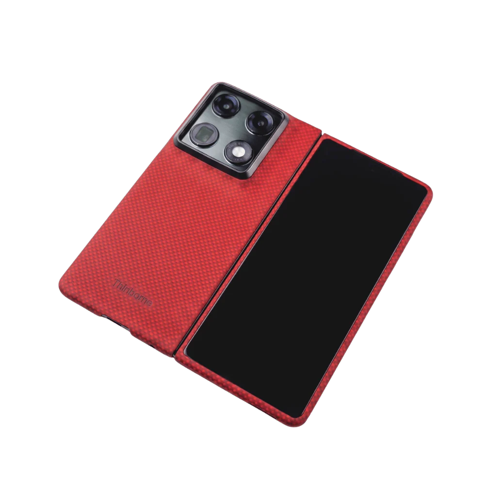 Super Thin Motorola Razr Fold Crimson woven fiber case, unfolded flat top-down view, open hinge foldable phone protection shell