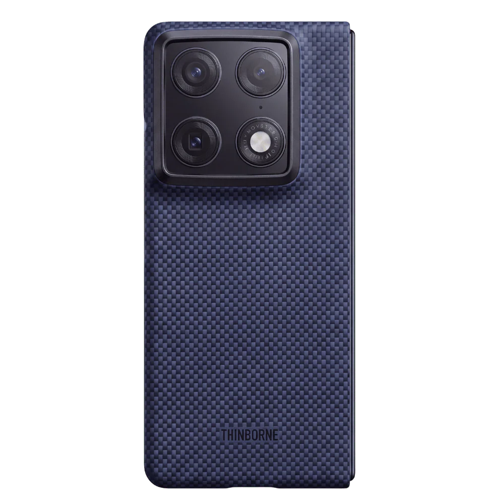 Super Thin Motorola Razr Fold Case, Navy blue woven aramid fiber textured hard case, precise camera cutout, THINBORNE logo, white background product shot