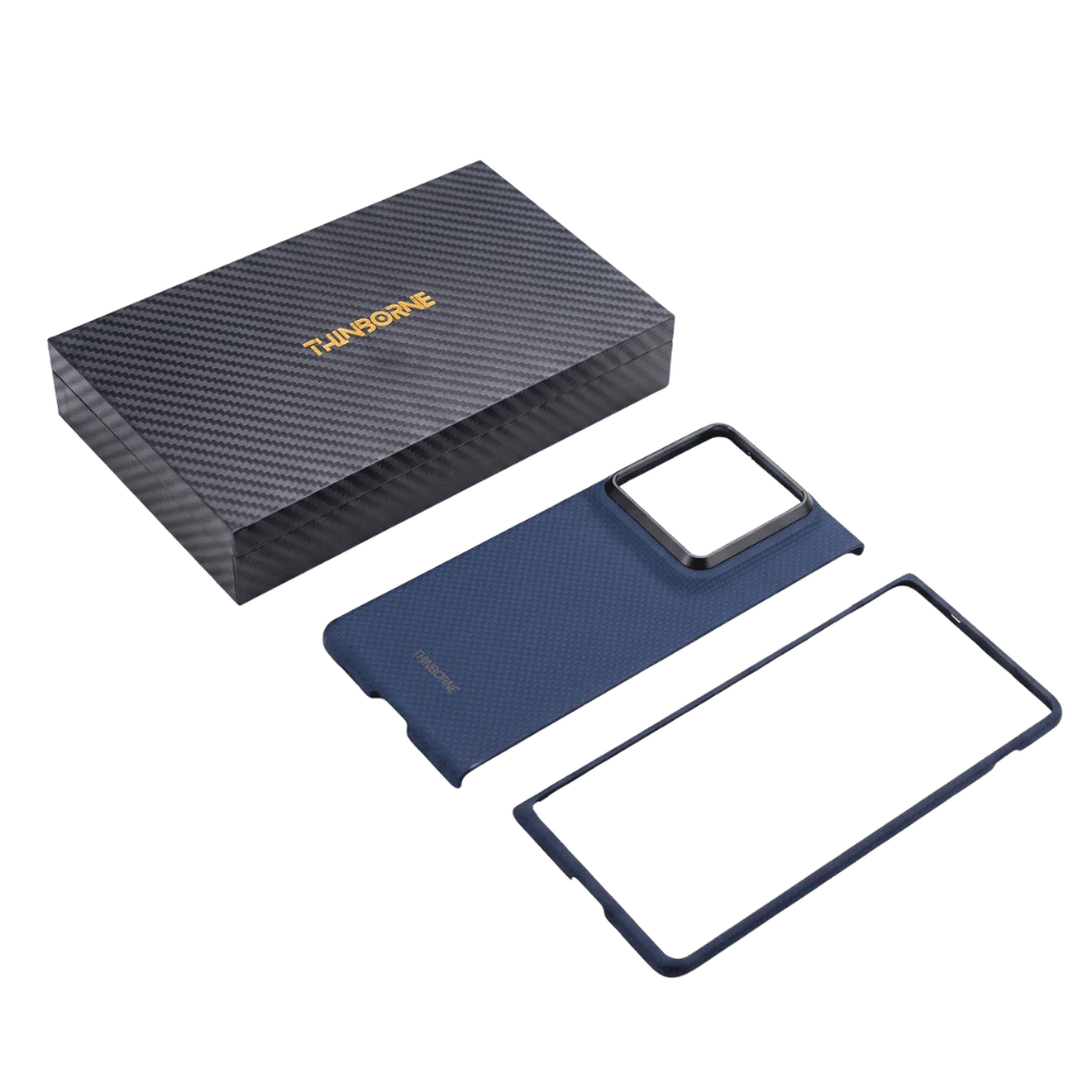 Super Thin Motorola Razr Fold Navy case full set, back cover, front frame and premium THINBORNE carbon fiber gift packaging