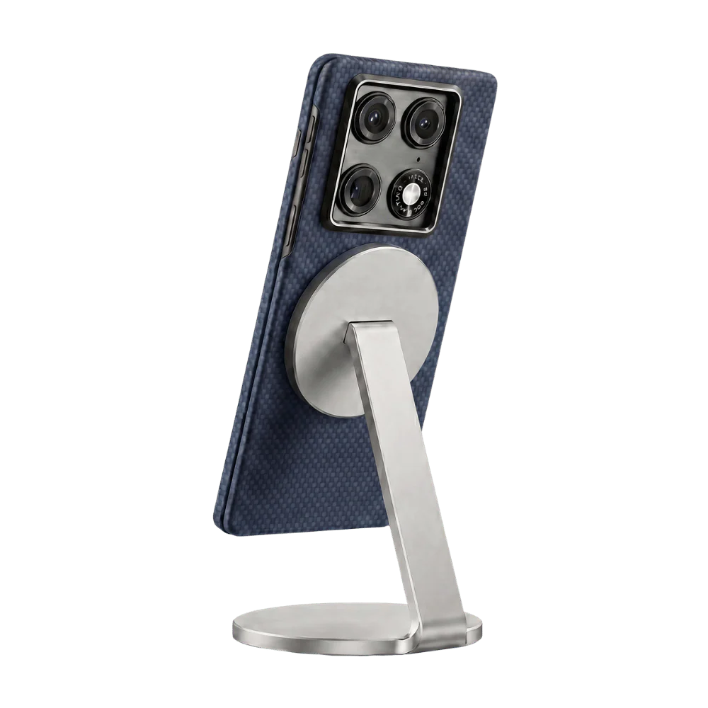 Super Thin Navy Motorola Razr Fold Case displayed on metal magnetic stand, side profile, woven aramid fiber texture foldable phone shell