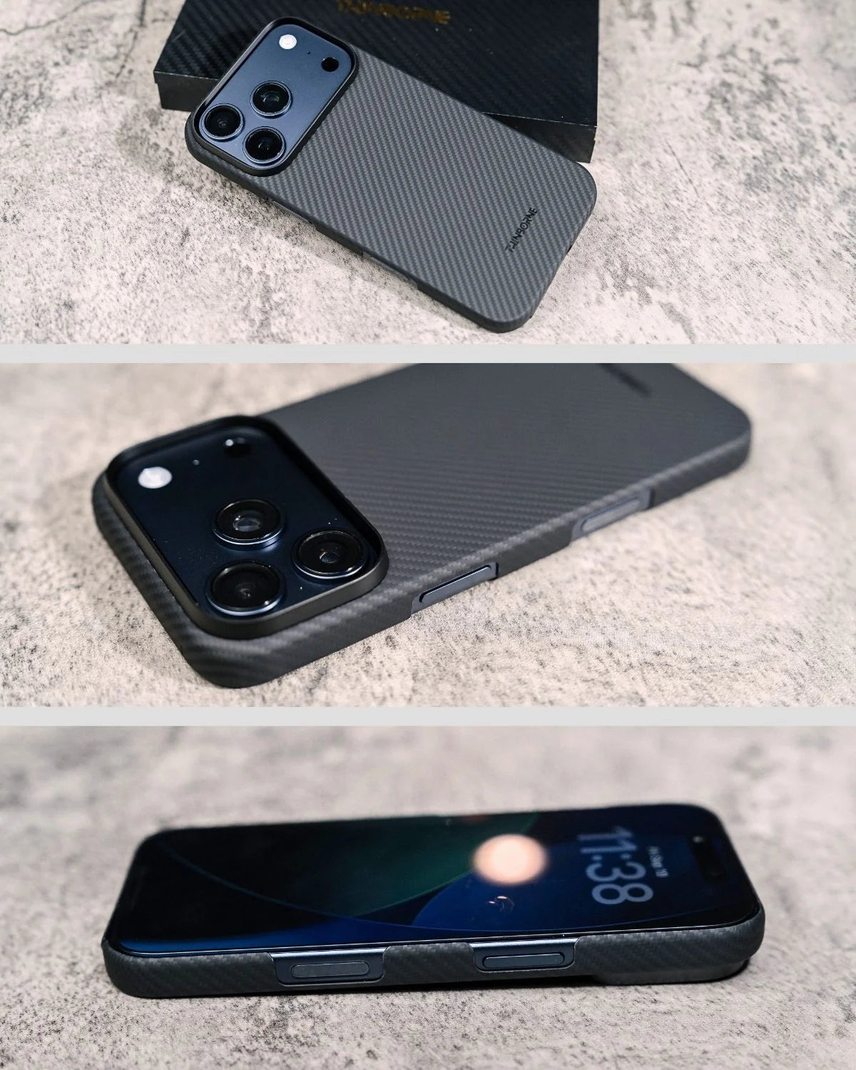 Premium black iPhone 18 Pro Case, slim Kevlar-style aramid fiber protective cover
