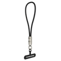 THINBORNE phone lanyard strap, braided wrist strap with metal quick release connector and phone tab, minimalist black hand strap, white background product shot
