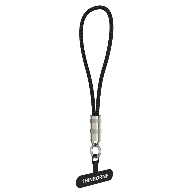 THINBORNE phone lanyard strap, braided wrist strap with metal quick release connector and phone tab, minimalist black hand strap, white background product shot