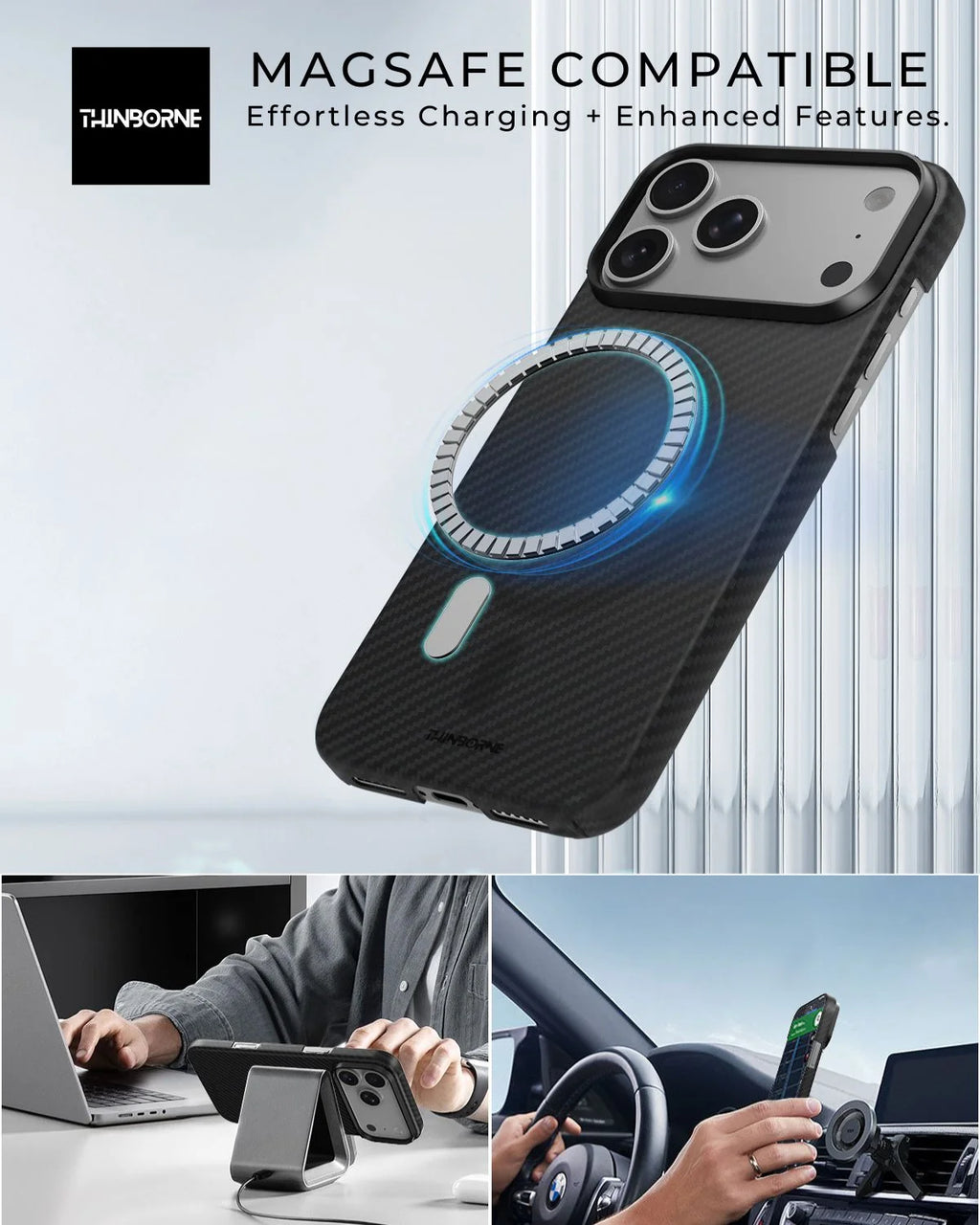 Lifestyle shot, man holding iPhone 18 Pro Case navy aramid fiber cover for phone call outdoors