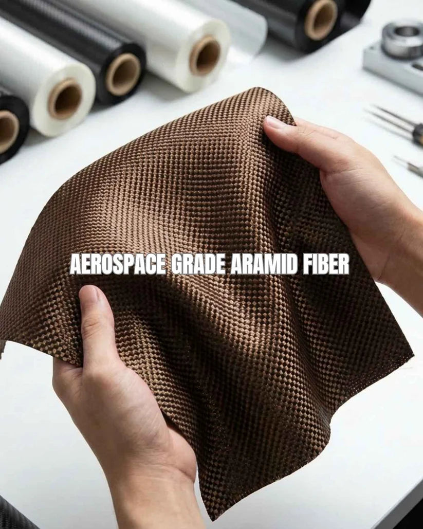 Aerospace grade brown checkered aramid fiber fabric for Thinborne iPhone 18 Pro Max case, hands holding woven material closeup