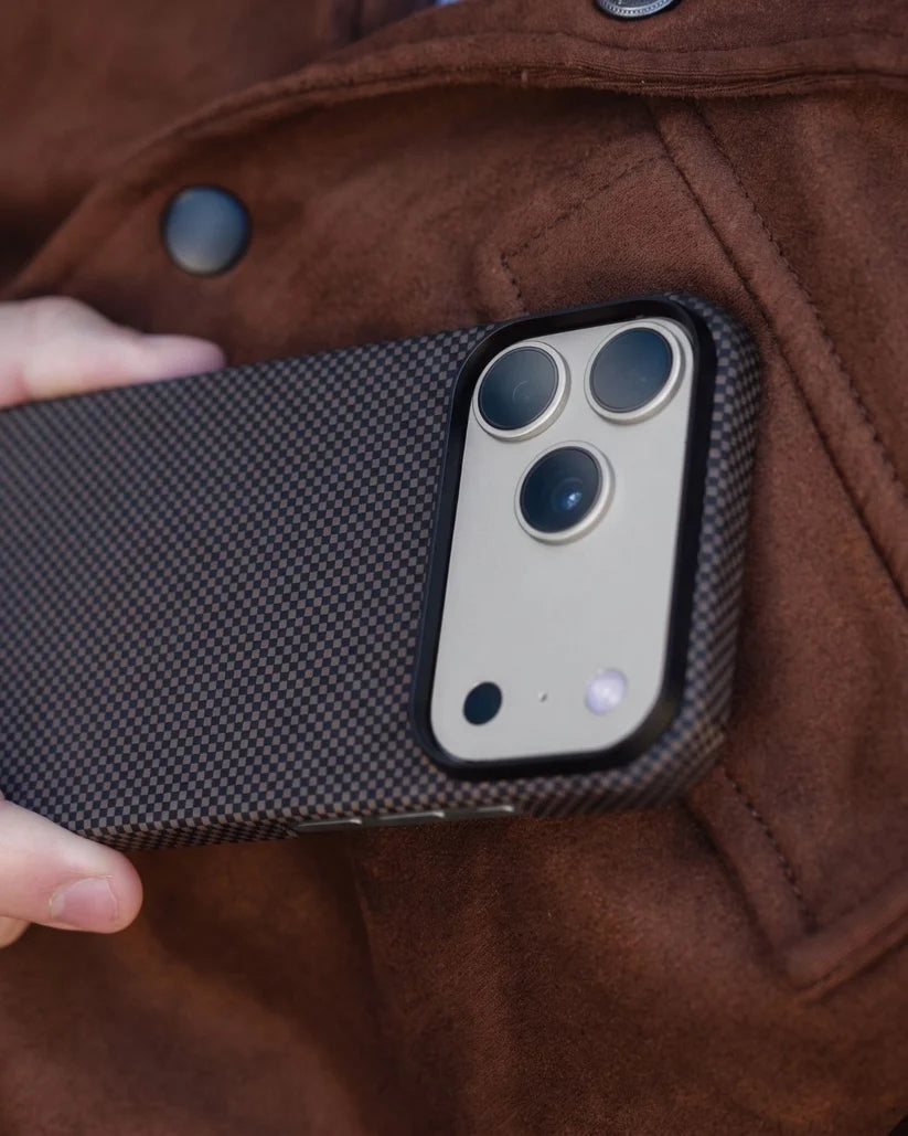 Closeup of camera cutout on Thinborne brown checkered iPhone 18 Pro Max aramid fiber protective case