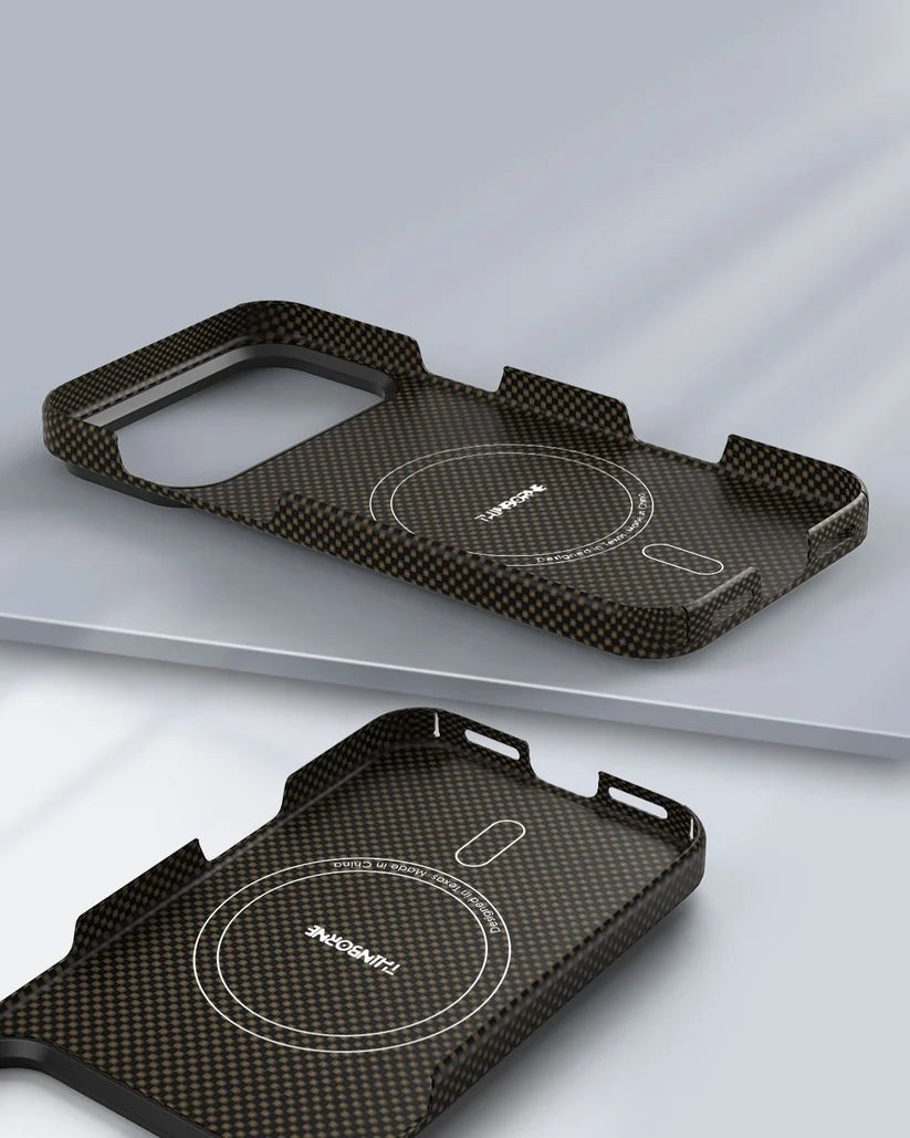 Thinborne brown checkered iPhone 18 Pro Max aramid fiber case, split inner shell with built-in MagSafe magnetic ring