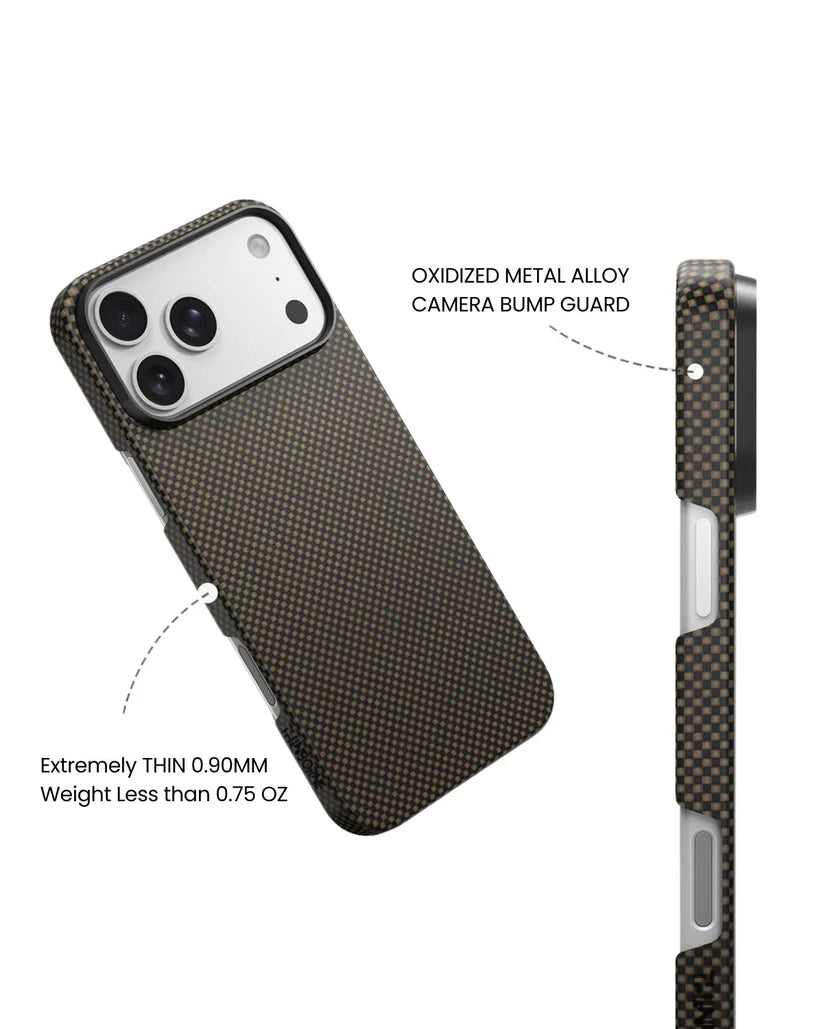 ：Thinborne iPhone 18 Pro Max brown checkered aramid fiber case, 0.90mm ultra thin, under 0.75oz lightweight with metal camera guard
