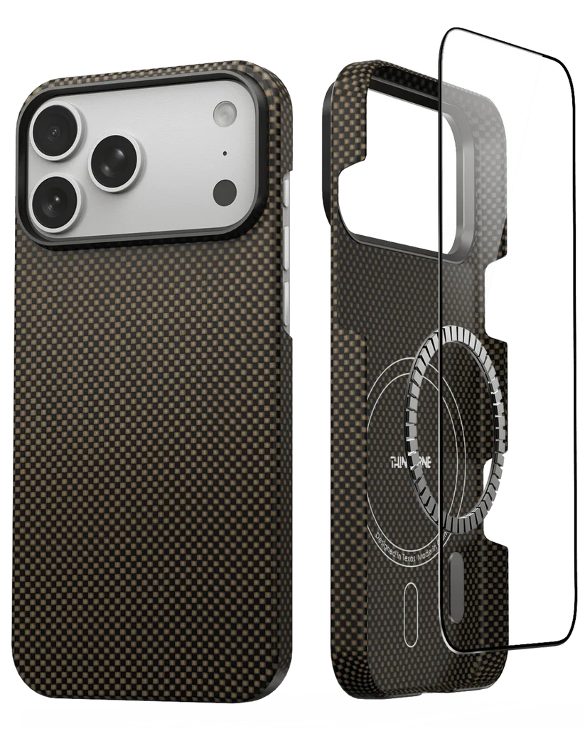 Thinborne iPhone 18 Pro Max brown checkered aramid fiber case, two-piece split magnetic cover with tempered glass screen protector, studio product shot