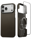 Thinborne iPhone 18 Pro Max brown checkered aramid fiber case, two-piece split magnetic cover with tempered glass screen protector, studio product shot