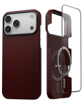 Thinborne iPhone 18 Pro Max Case in crimson red, split two-piece aramid fiber magnetic cover with screen protector, disassembled studio shot