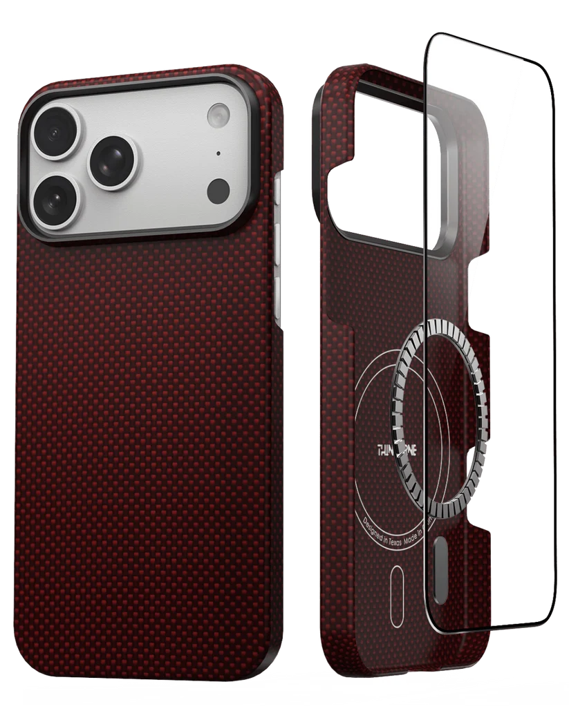 Thinborne iPhone 18 Pro Max Case in crimson red, split two-piece aramid fiber magnetic cover with screen protector, disassembled studio shot