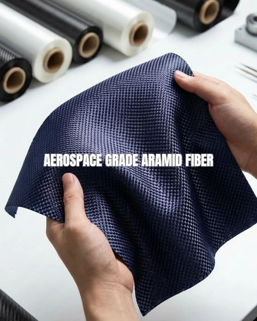 Aerospace grade navy aramid fiber woven fabric for Thinborne iPhone 18 Pro Max case, hands holding textured material closeup
