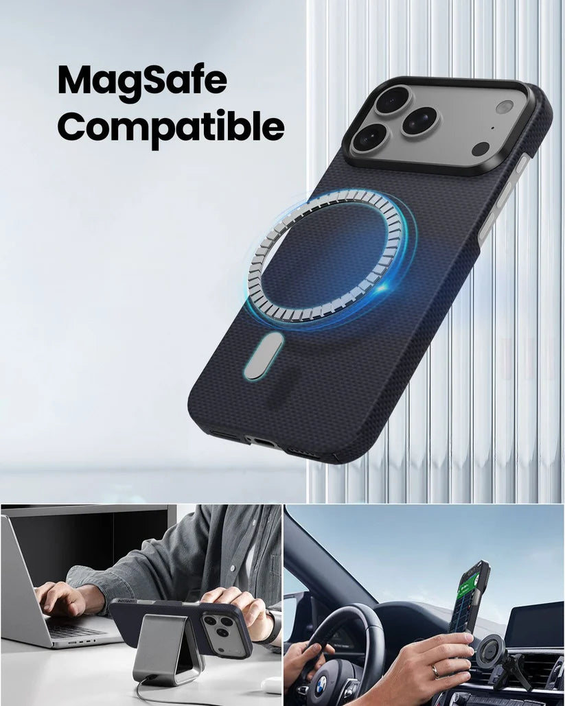 MagSafe compatible Thinborne navy iPhone 18 Pro Max aramid fiber case, wireless charging, desktop & car mount usage demo
