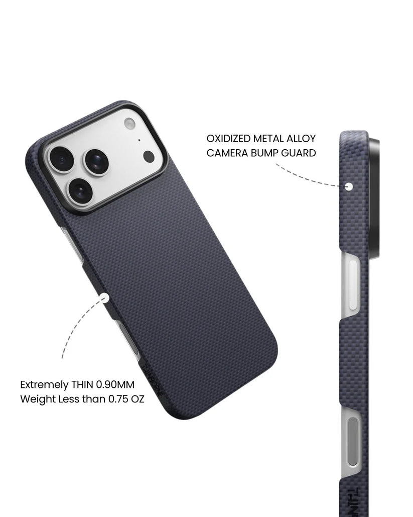 Thinborne iPhone 18 Pro Max navy aramid fiber case, 0.90mm ultra thin, under 0.75oz lightweight, oxidized metal alloy camera bump guard