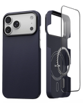 Thinborne iPhone 18 Pro Max navy aramid fiber case, two-piece split magnetic cover with tempered glass screen protector, studio product shot
