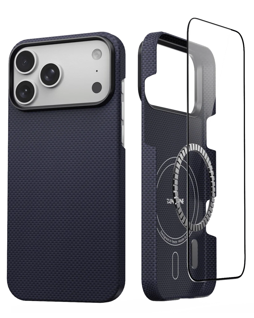 Thinborne iPhone 18 Pro Max navy aramid fiber case, two-piece split magnetic cover with tempered glass screen protector, studio product shot