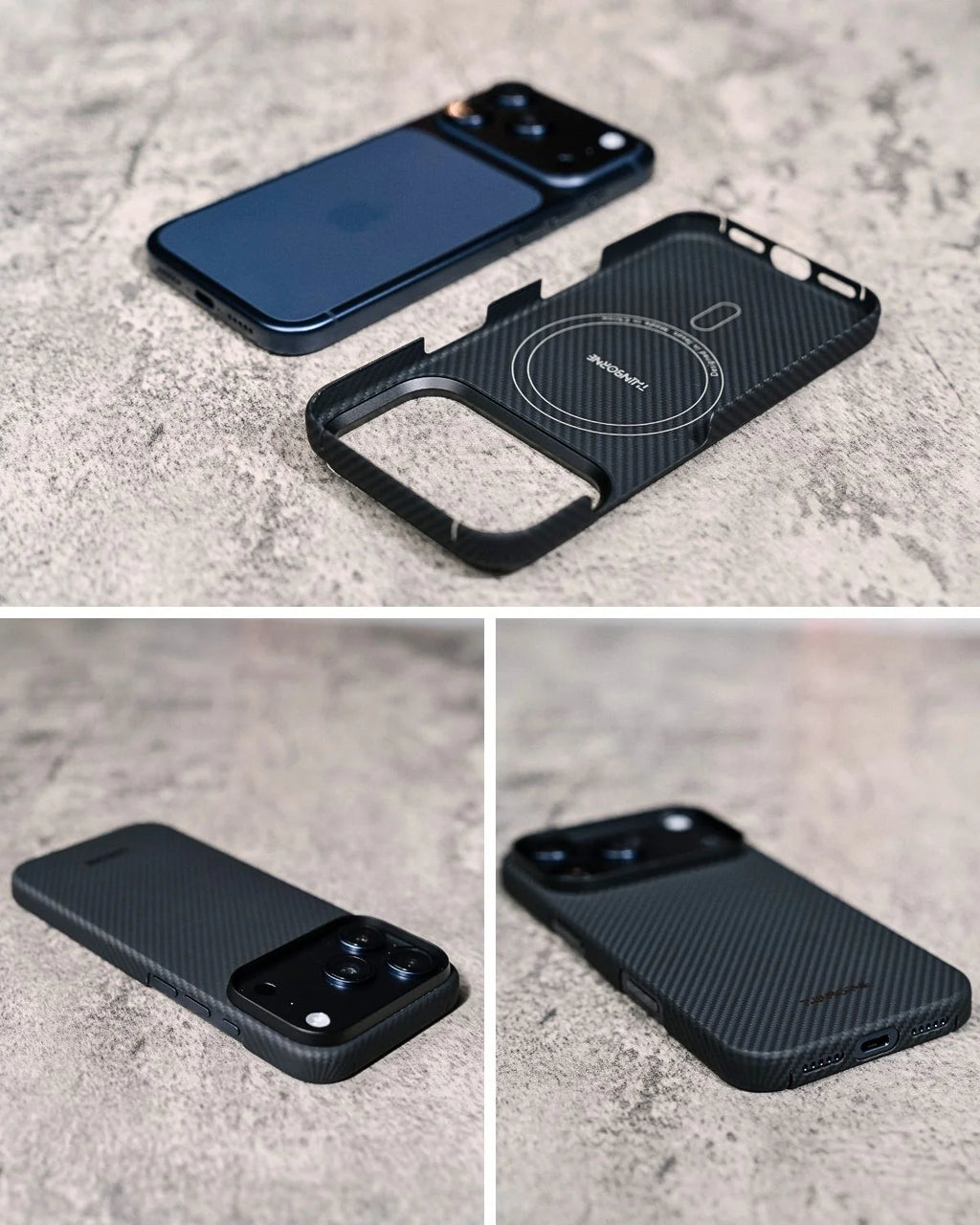 Real shot of Thinborne iPhone 18 Pro Max magnetic aramid fiber case, split shell installation view