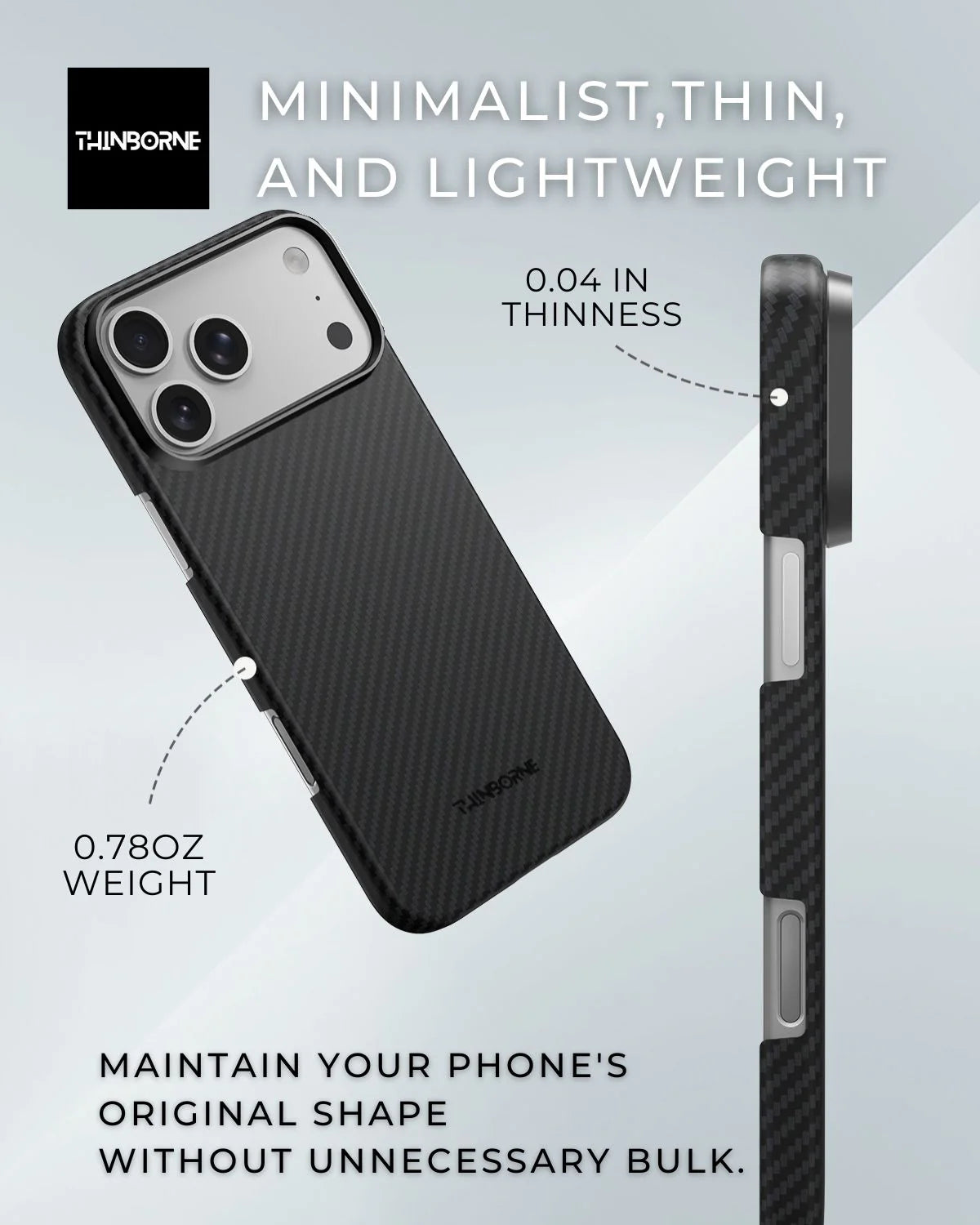 Thinborne iPhone 18 Pro Max Case slim lightweight design, 0.04in thin 0.78oz weight aramid fiber shell