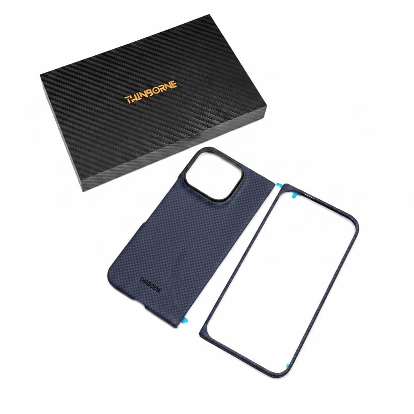 THINBORNE Pixel 11 Pro Fold Case full set, blue woven aramid fiber two-piece foldable case with retail gift box, flat lay product photo