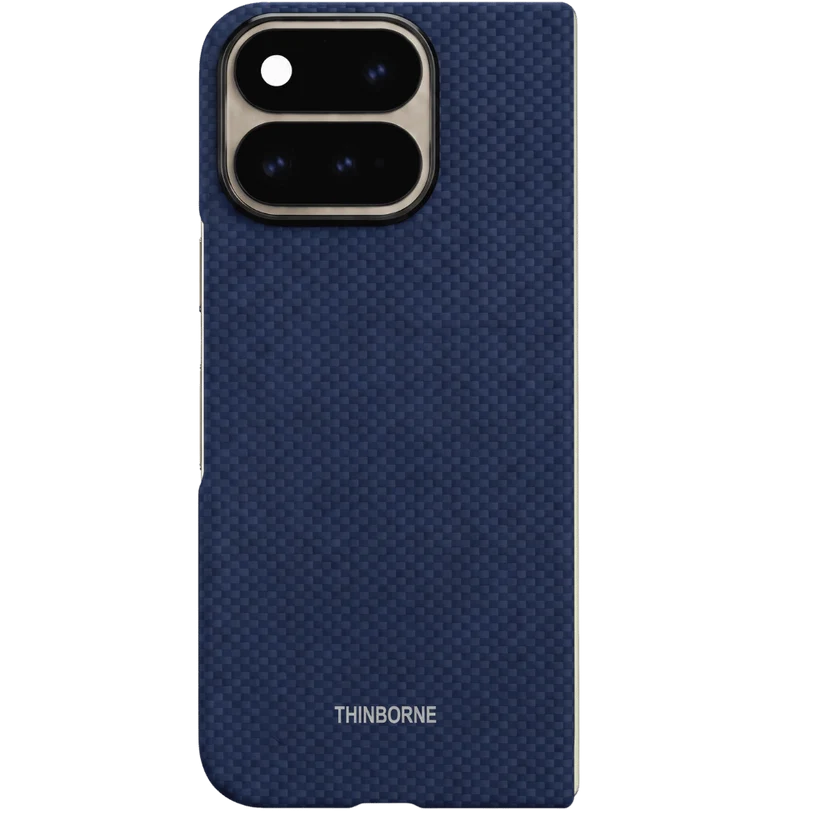 THINBORNE Pixel 11 Pro Fold Case, blue checkered woven aramid fiber foldable phone back cover, white background main product shot