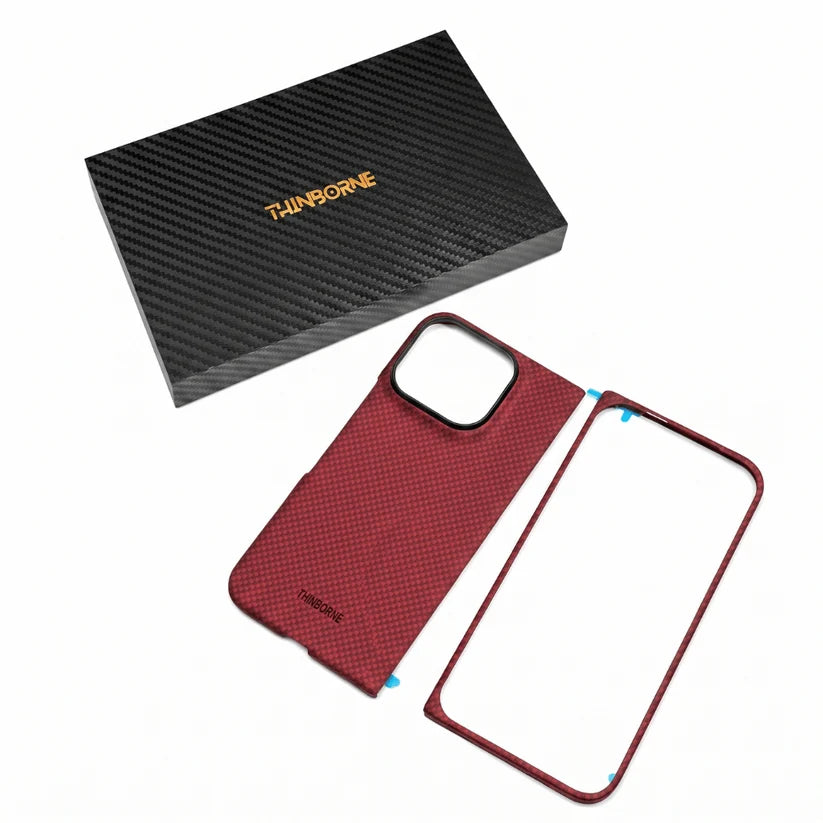 THINBORNE Pixel 11 Pro Fold Case full set, crimson woven aramid fiber two-piece foldable case with retail gift box, flat lay product photo