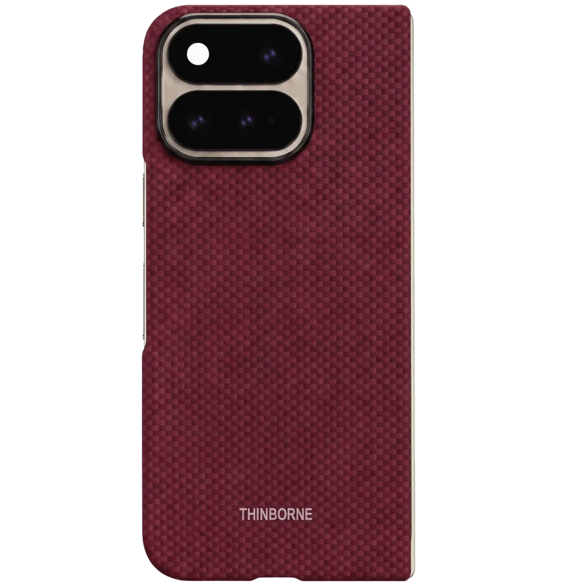 THINBORNE Pixel 11 Pro Fold Case, crimson checkered woven aramid fiber foldable phone back cover, white background main product shot